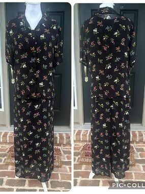 Vintage 90s Talbots black floral sleeveless maxi dress sheer button blouse 14